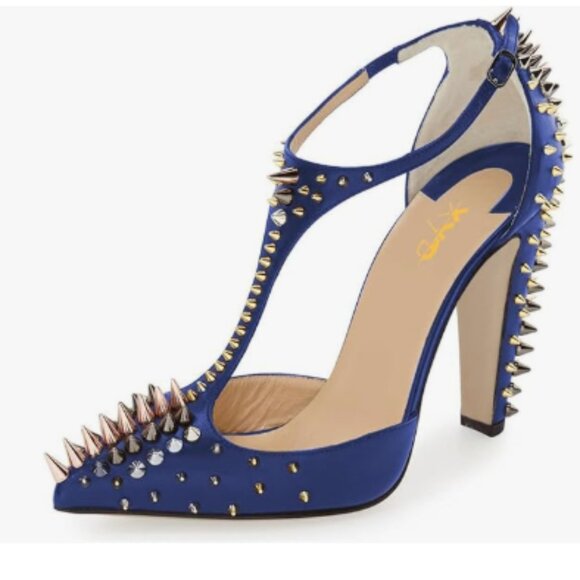 XYD Blue Rivets T-Strap Chunky Heel Pumps Pointed Toe Spikes Studded Shoes - Picture 1 of 8